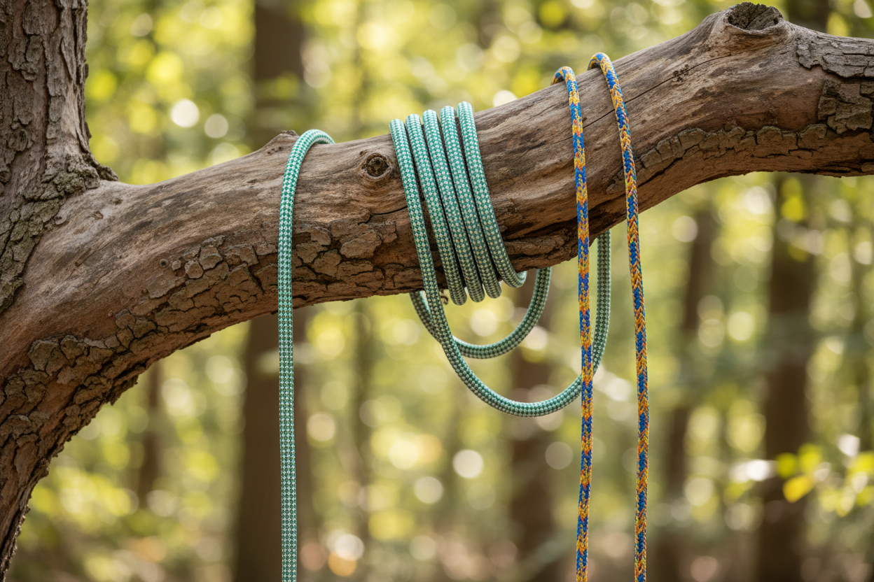 Climbing and rigging ropes hanging on a branch 