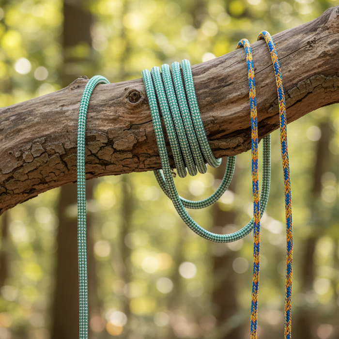 Climbing and rigging ropes hanging on a branch 