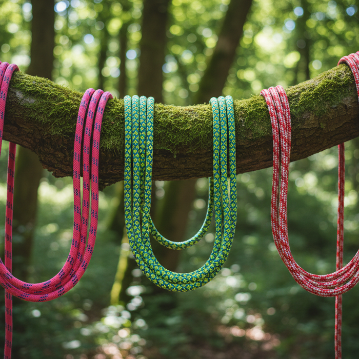 3 climbing ropes hanging over a tree. 