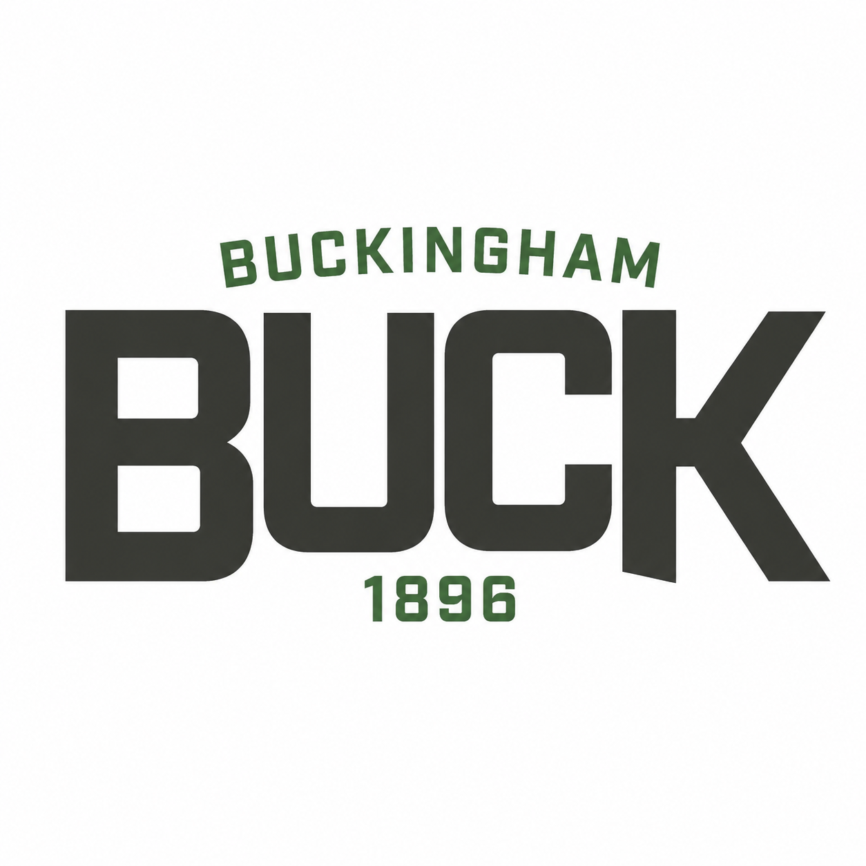 Buckingham and 1896 logo written in green with Buck in black in the centre on white background