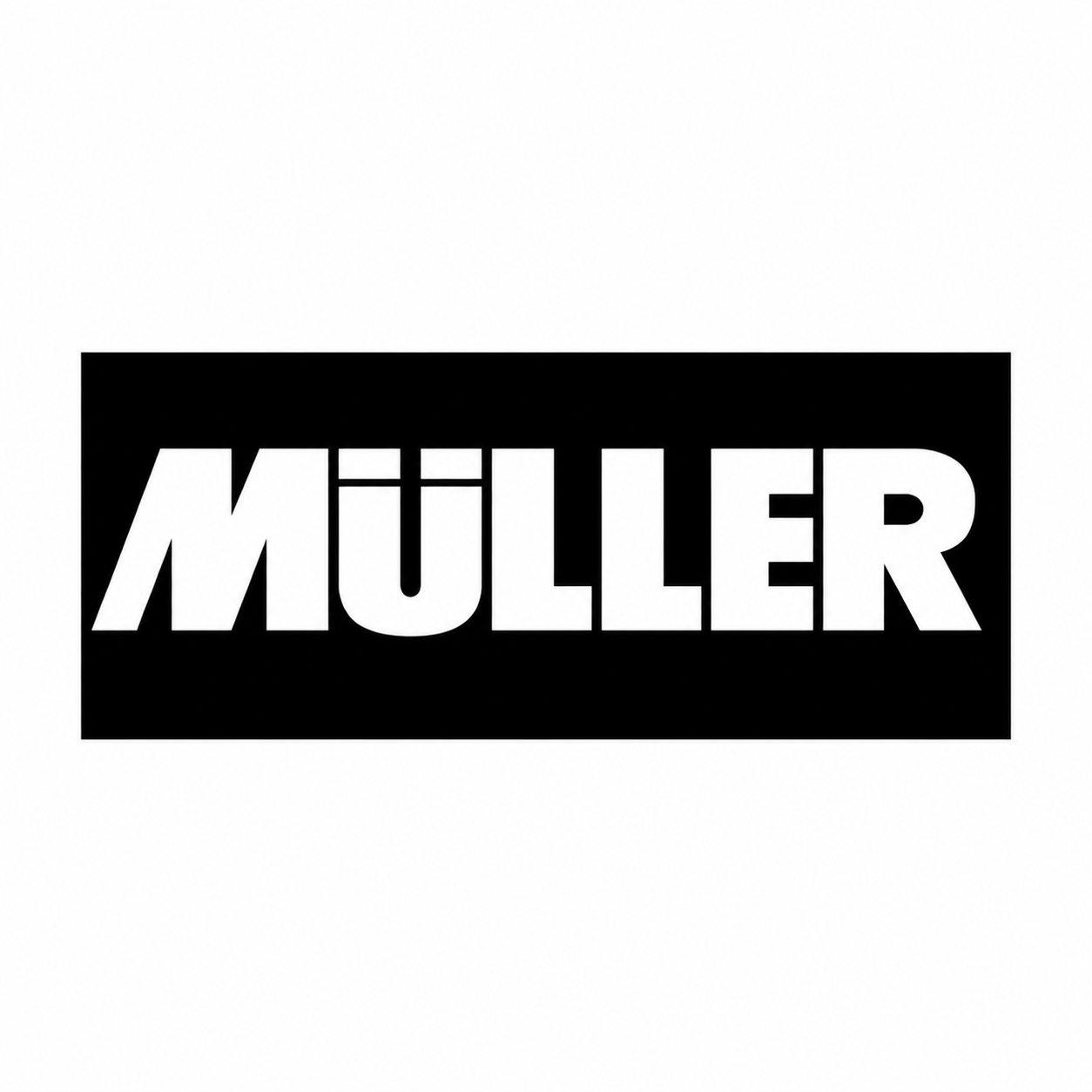 muller written in white in black box on white background