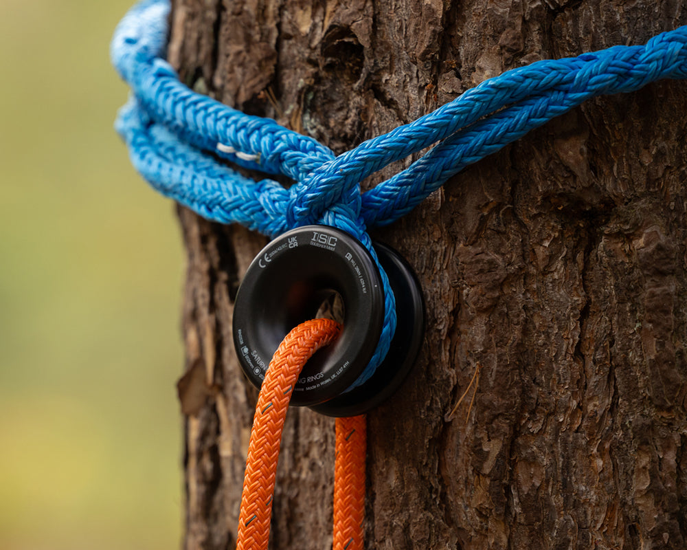 A close-up of a black pulley block with blue and orange ropes threaded through it, attached to a textured tree trunk with a blurred natural background.