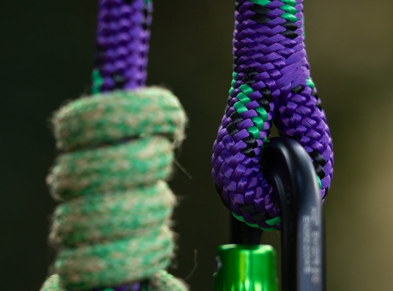 Close-up of a purple and green braided climbing rope wrapped around a green carabiner, with another rope knot blurred in the background.
