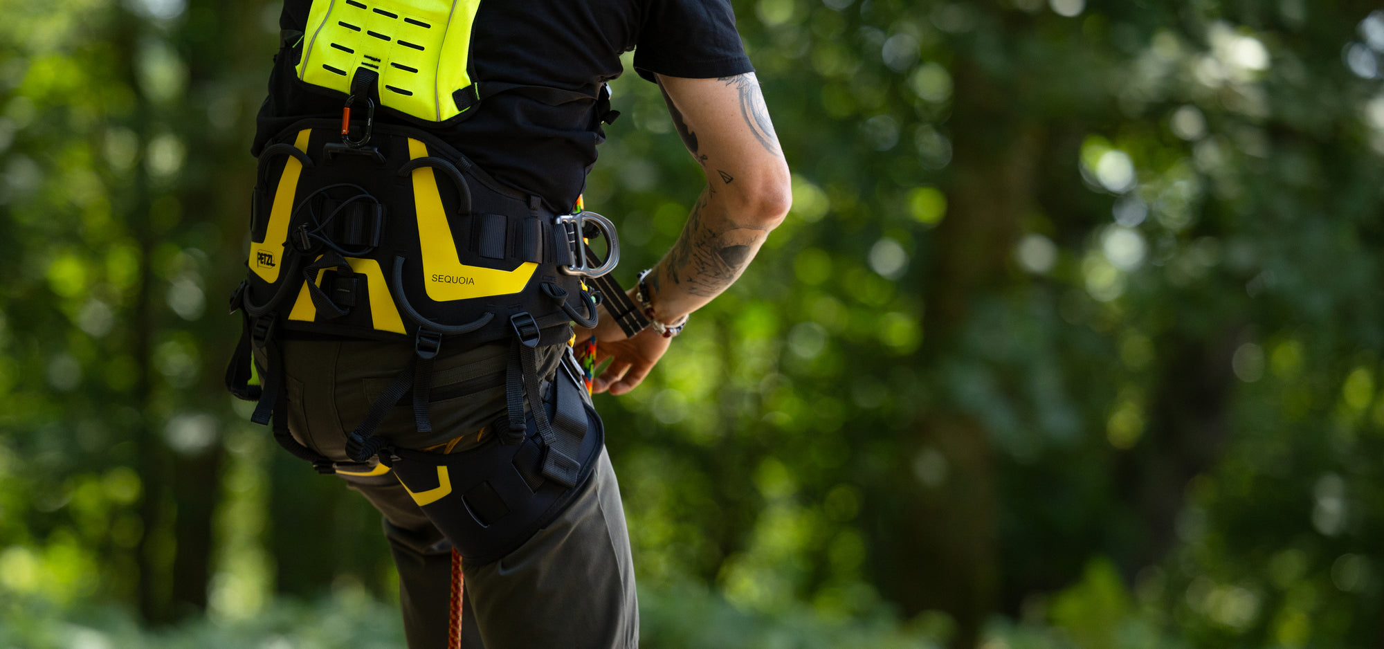 A close-up of a person outdoors wearing a black and yellow safety harness vest over a black shirt, with a climbing or rescue tool attached, against a blurred green forest background.