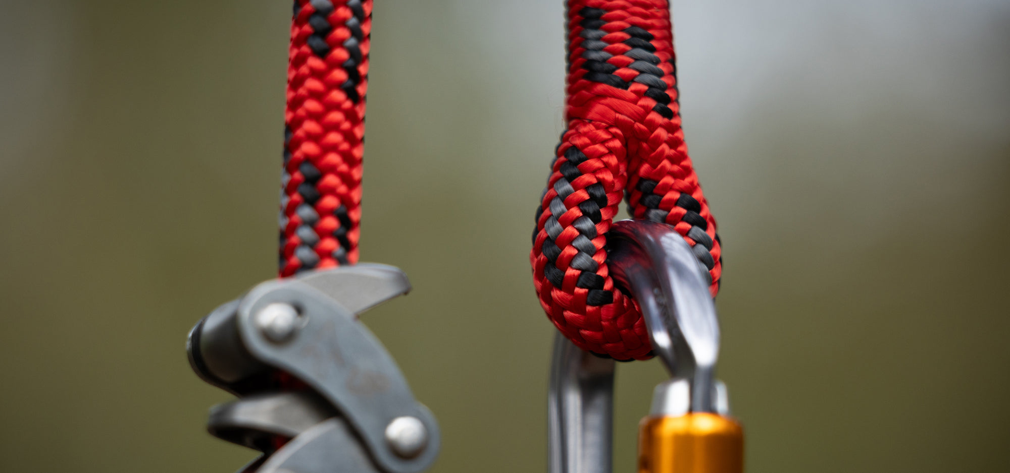 Close-up of a red climbing rope with carabiners against a blurred natural background