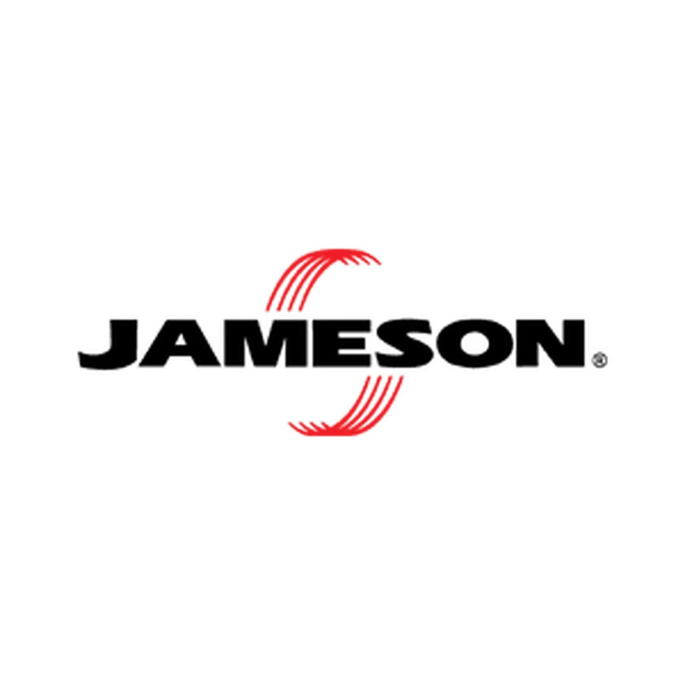 Jameson written in black with red curved fine line stripes on white background